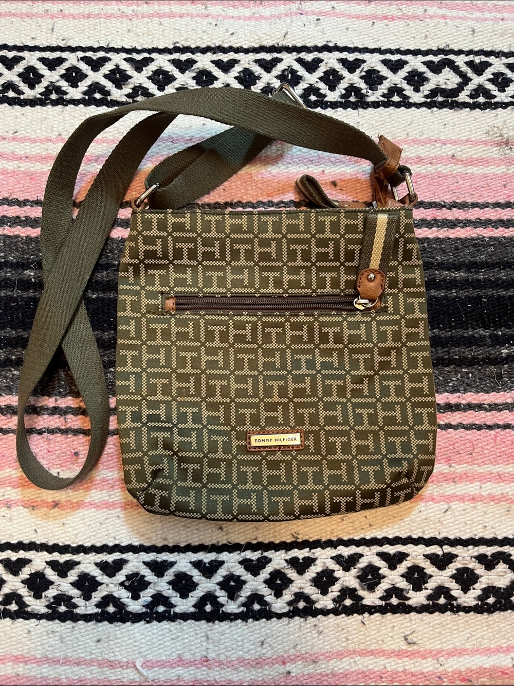 Tommy Hilfiger Olive Green Monogram Crossbody with Contrast Stripe